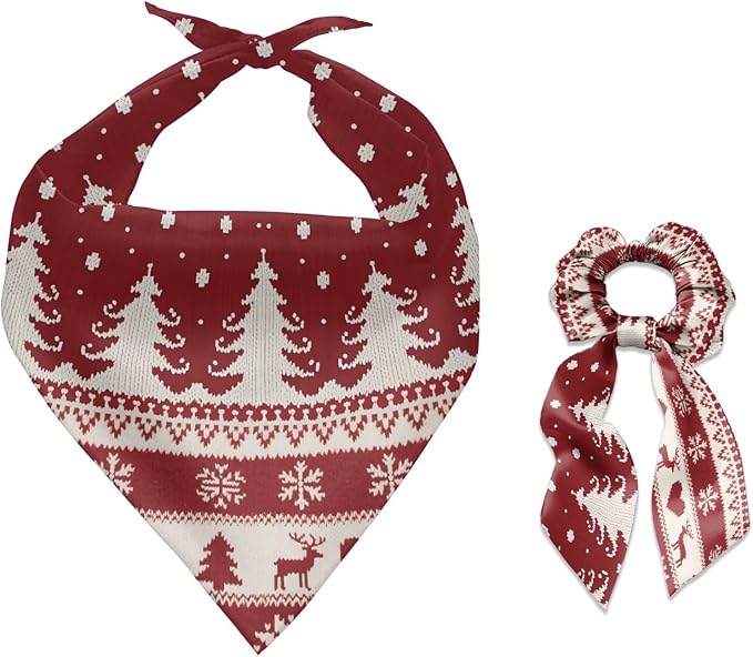 COEQINE Christmas Dog Bandanas Cotton Dogs Accessories with Hair Tie Organizer Travel Cute Xmas Tree Red Western Deer Pattern Dog Bandanas Bulk for Holiday Pet and Owner Matching Outfits