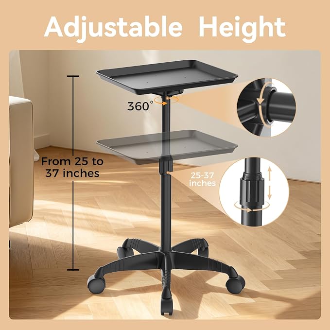 37" Rolling Salon Tray on Wheels Black, Adjustable Height | Aluminum, Tool-Free Assembly, Stable Base, 360 Mobility, For Spa Clinic Tattoo Studio and Home Salon Use