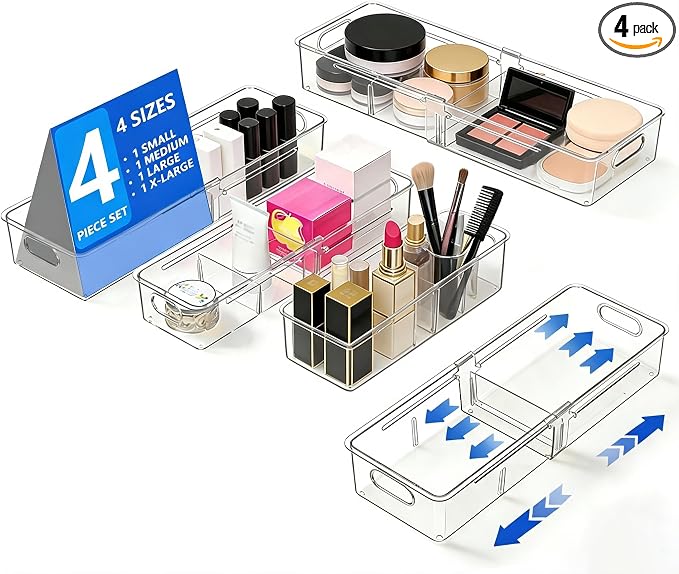 4 Pcs Expandable Drawer Organizer, Adjustable Desk Drawer Organizer with Dividers, 4-Sizes Plastic Storage Bins for Makeup, Kitchen, Bathroom Vanity, Office & Gadgets Drawer