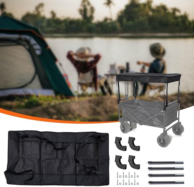 Black Removable Wagon Canopy Attachment with Rods, Foldable Sun Shade Cover | for Collapsible Beach Utility Carts, Folding Wagons, Outdoor Picnic Trolleys