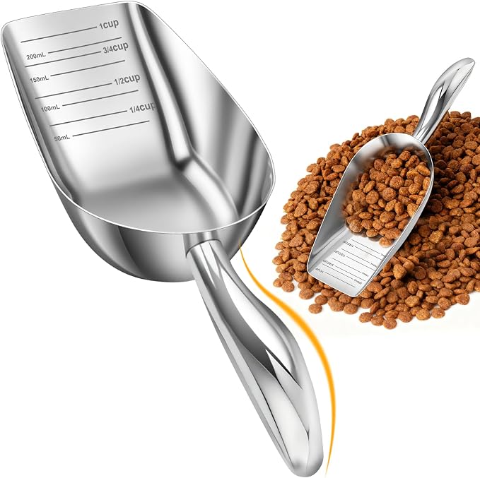 Stainless Steel Dog Food Scoop 1 Cup, Metal Pet Food Scoop With Measuring Lines (Cup/Ml), Dog Food Measuring Scoop For Dogs, Cats, And Kitchen Use, Dishwasher Safe