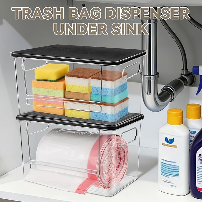 Trash Bag Dispenser Under Sink Organizer for Pantry, Kitchen | Acrylic Garbage Bag Dispenser, with Black Bamboo Top & Handles, Extra Large, Keep Onions and Potatoes Neat, Clear, Stackable