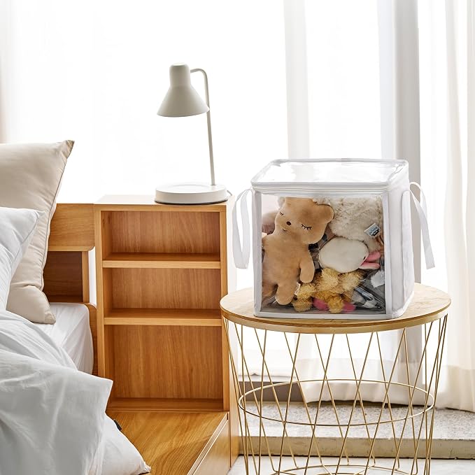 holay 2 Pack Clear Storage Cubes with Lids, 12 Inch Toy Organizer Bins | Transparent lid & sides; reinforced carry handles; folds flat; holds toys, clothes, books; fits cube shelves