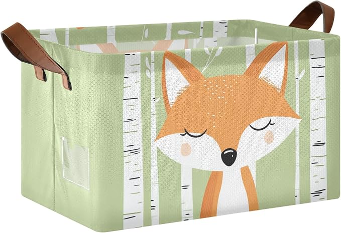 Woodland Cute Cartoon Fox Baby Storage Basket with Labels&Handles Forest Animal Fox Nursery Storage Bins Collapsible Shelf Organizer Baskets for Kids Books Cloth Gift Basket Toys Laundry