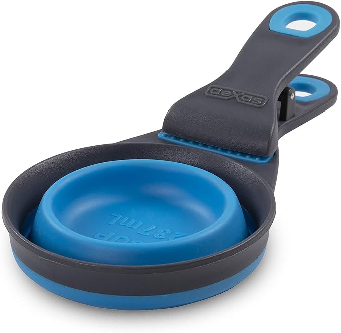 Dexas Popware for Pets Collapsible Klip Scoop, 3-in-1 Pet Food Scoop, Measuring Cup and Bag Clip, 1 Cup Capacity, Pro Blue