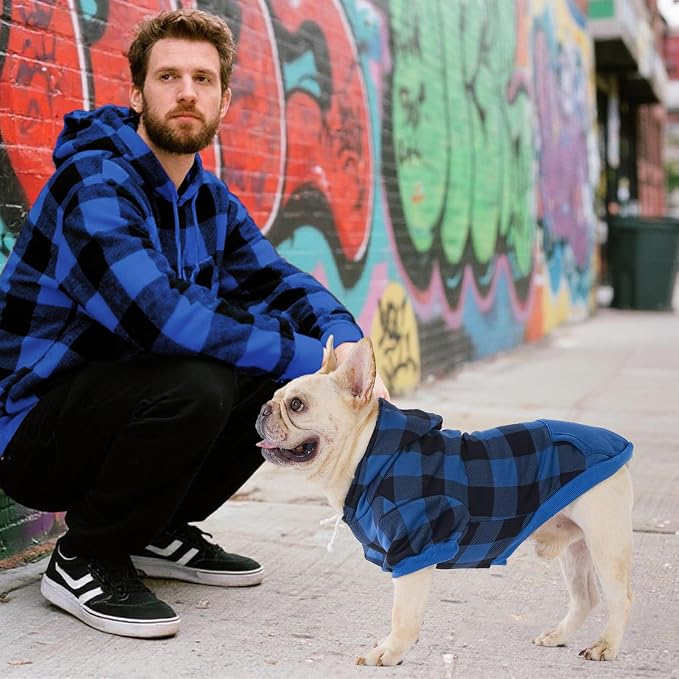 KOOLTAIL Plaid Dog Hoodie Pet Clothes Sweater with Hat and Pocket for Small Medium Large Size Dogs, Soft Winter Warm Dog Cold Weather Coat, Fleece Fall Dog Hooded Sweatshirt for Puppy Cats, Blue XS