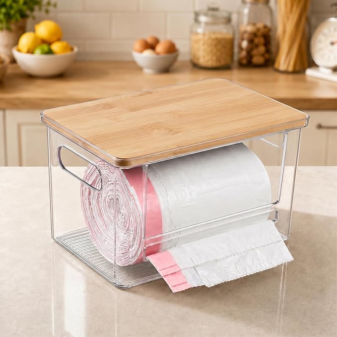 Trash Bag Dispenser Under Sink Organizer for Pantry, Kitchen | Acrylic Garbage Bag Dispenser, with Bamboo Top & Handles, Extra Large, Keep Onions and Potatoes Neat, Clear, Stackable