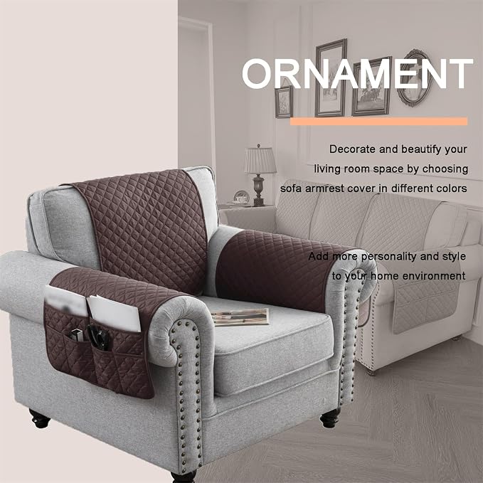 Water-Resistant Sofa Armrest and Headrest Covers with Side Pocket | Keep remotes close quilted polyester helps guard against wear, pet scratches, and kids' messes silicone backing adds grip