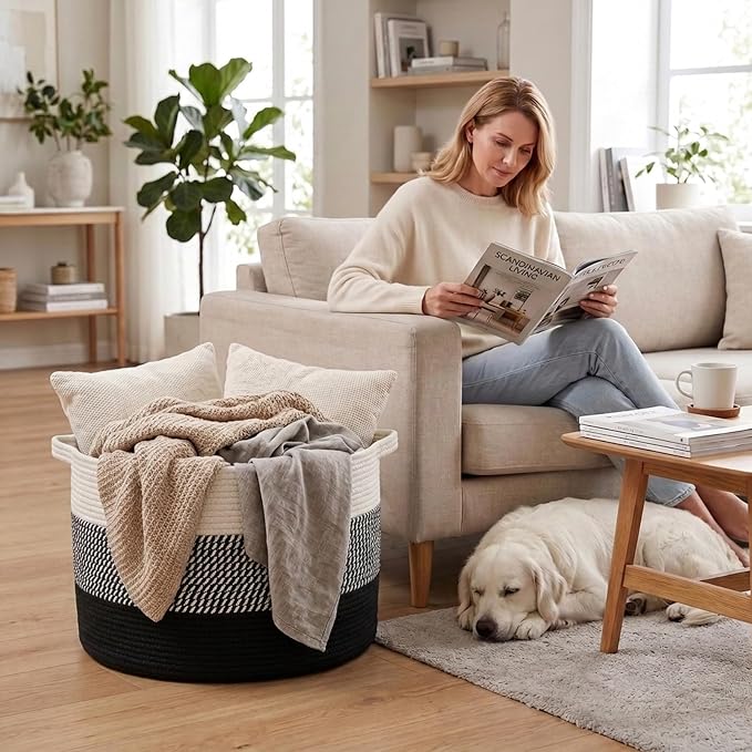 115L Extra Large Blanket Basket,Woven Laundry Basket-Mixed Black | Collapsible Nursery Storage Bin with Sturdy Handles, Organizes Clothes, Toys and Pillows for Living Room, Bedroom, Bathroom