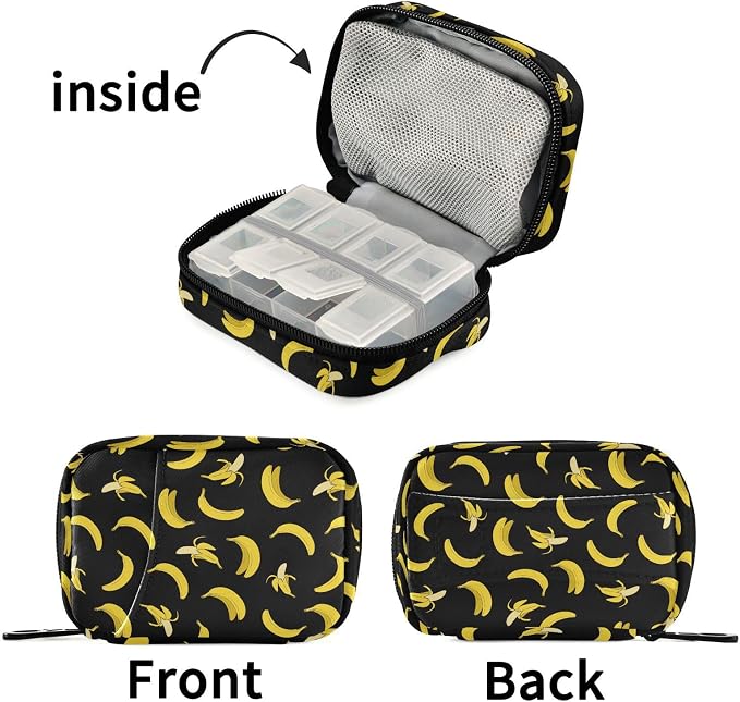 Ollabaky Yellow Banana Pill Organizer Travel Pill Cases Bag Portable Pill Container 7 Days Pill Box Organizer Vitamin Supplement Holder with Zipper for Family Business