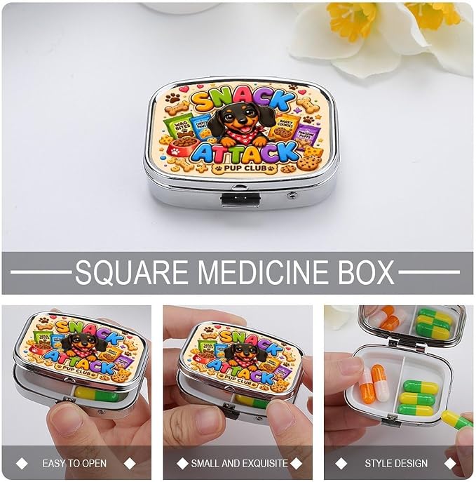 Snack Pup Party Fun Two Compartment Pill Box Medicine Organizer, Portable Pill Case with Secure Snap Closure for Vitamins Medication Supplements Daily Use