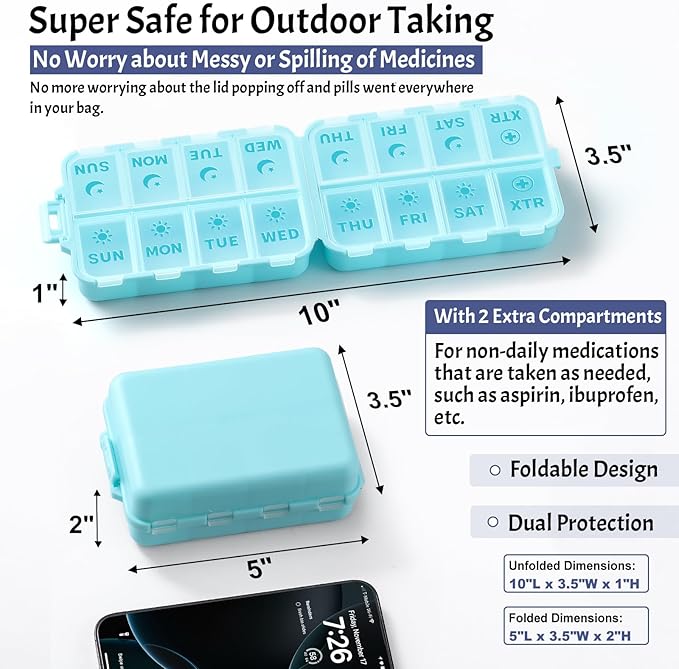 Foldable Weekly Pill Organizer 2 Times a Day with 2 Extra Compartments - Etched Labels - Portable 7 Day AM PM Medicine Box, Week Daily Travel Pill Case Holder for Vitamin, Supplement -Sky Blue