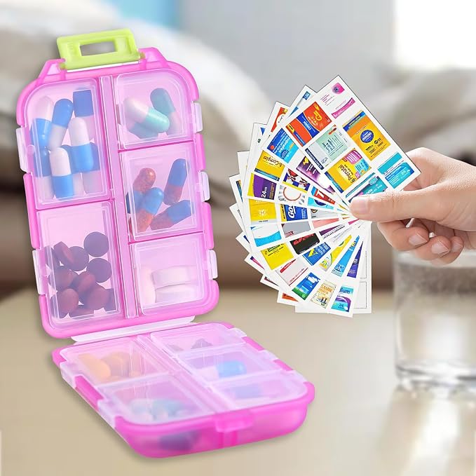 2PCS 7 Day Pill Organizer with Labels – Travel Pill Case, Daily Medication Organizer | Compact & Secure | Fits in Pocket/Purse (3.7” x 2.4”)