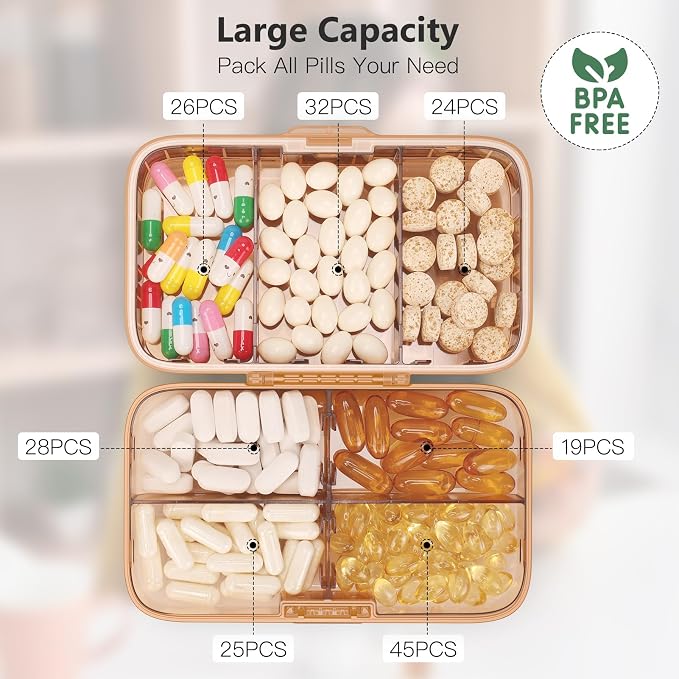 FYY Travel Pill Organizer, Large Weekly Medicine Pill Organizer-Brown | Airtight Moistureproof Medicine Case, Easy to Use, 8 Compartment Pill Box for Vitamins, Fish Oil, Supplements, Mini First Aid
