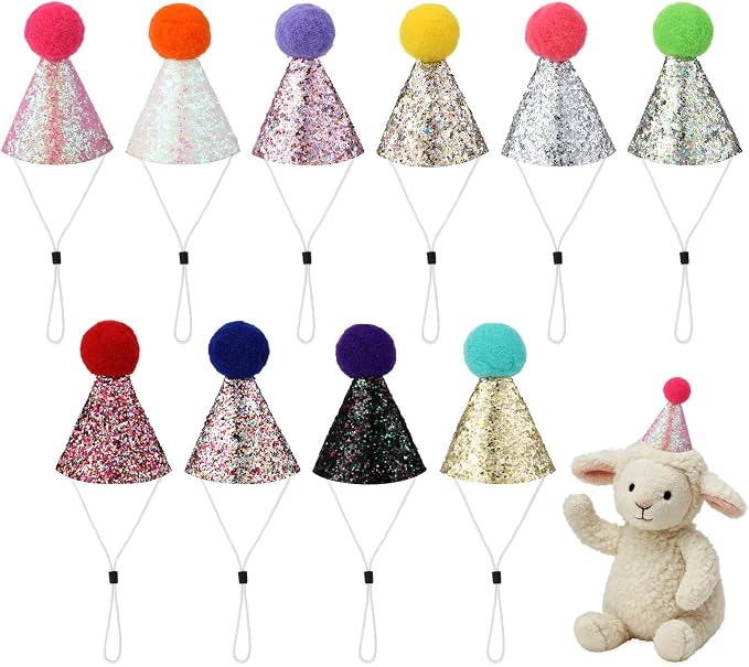 10 PCS Mini Birthday Party Hats, Mini Cone Hats with Glitter and Pom Poms for Kittens Puppies Birthday, Wedding, And Holiday Celebrations, Colorful Party Hats for Pets and Stuffed Animals