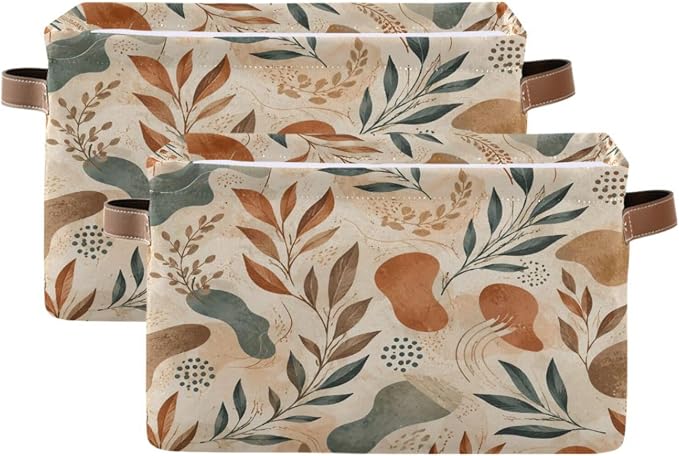 Kigai Storage Basket, Fabric Collapsible Closet Organizer Bin | Earthy Leaves Waterproof Foldable Canvas Basket with Handles for Shelves, Nursery, Closet, Bedroom & Bathroom