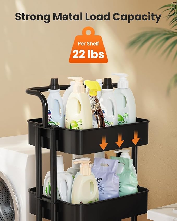Pipishell Metal 4 Tier Rolling Cart with Handle & 2 Lockable Wheels, Black | Four Large 2" Wheels for Easy Motion, Sturdy Metal, Hold 22 lbs per Shelf, Ideal for Nursery Room, Living Room, Painting Room