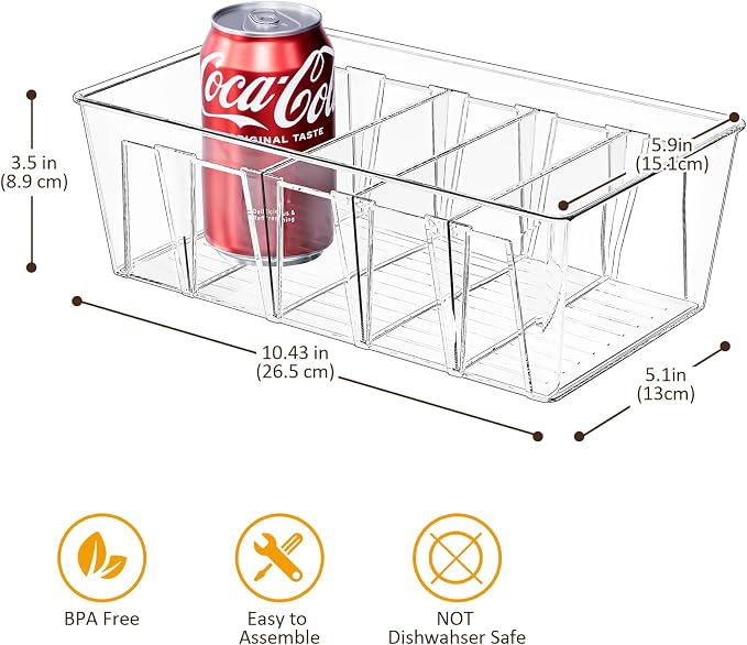 Puricon 4 Pack Pantry Organization and Storage Bins for Kitchen Fridge | Stackable Clear Plastic Storage Racks with Removable Dividers for Countertop Cabinet, 5 Compartments for Snacks Packet Spices