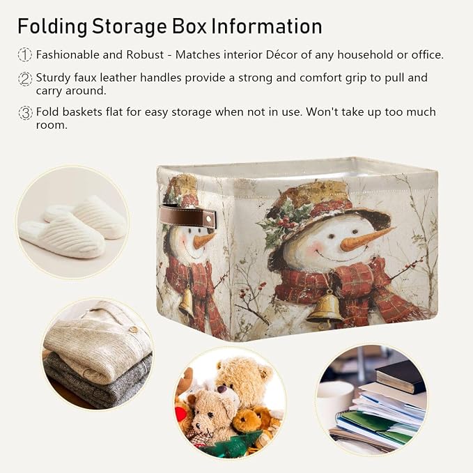 Christmas White Snowman Print Rectangular Storage Bin Basket with Handles - Nursery Storage Laundry Hamper Storage Baskets