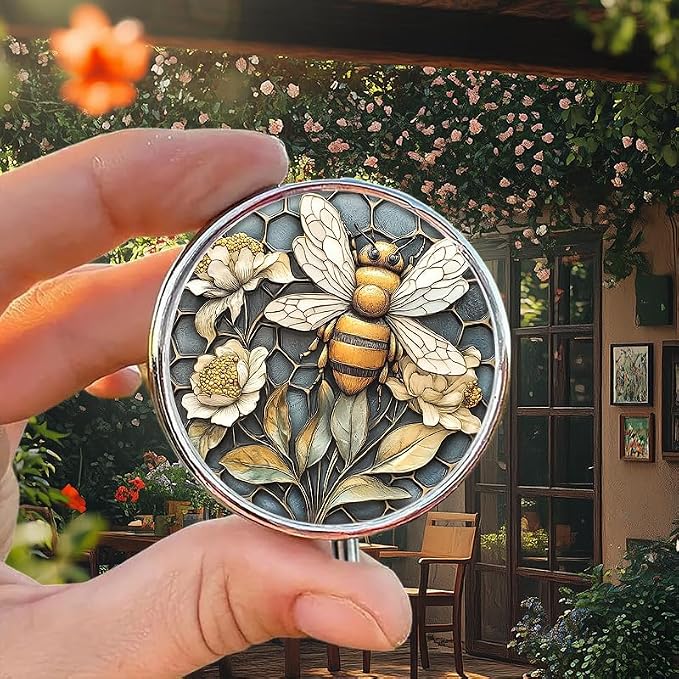 Portable Round 3 Compartment Metal Pill Box Beautiful Detailed Aluminum Wall Sign with Gorgeous Bee and Honeycomb Design for Home Office or Gift Use