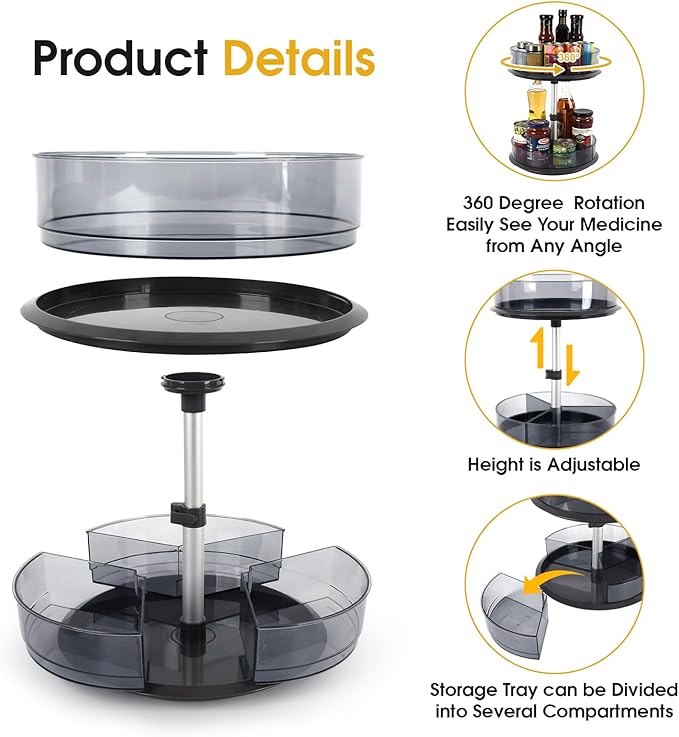 2 Tier Medicine Cabinet Organizer, Rotary Turntable Organizer for Medicine and Vitamin Bottles, Under Sink Organizer for Medicine, Bathroom Cabinet Storage, Tray has Removable Dividers, Easy Assembly
