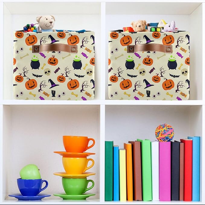 Kigai Storage Basket, Fabric Collapsible Closet Organizer Bin | Halloween Pumpkin Waterproof Foldable Canvas Basket with Handles for Shelves, Nursery, Closet, Bedroom & Bathroom