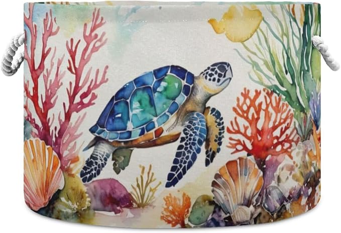 Sea Turtle Print Collapsible Round Storage Basket with Handles | Ocean Coral Seashells Large Laundry Baskets Hamper, Clothes Organizer Bin for Bedroom Living Room Decor, 20x 20x 14 Inches