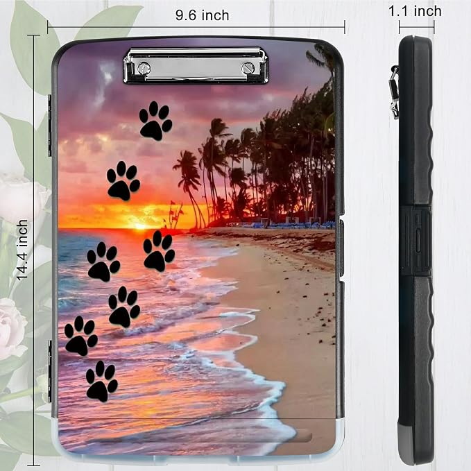 A4 Clipboard with Storage Pen Holder, Clipboards Organizer Nursing Clipboard Foldable File Folder Plastic Clipboard Folio Clip Board for Office Students Classroom Doctor, Dog Paw Print Beach