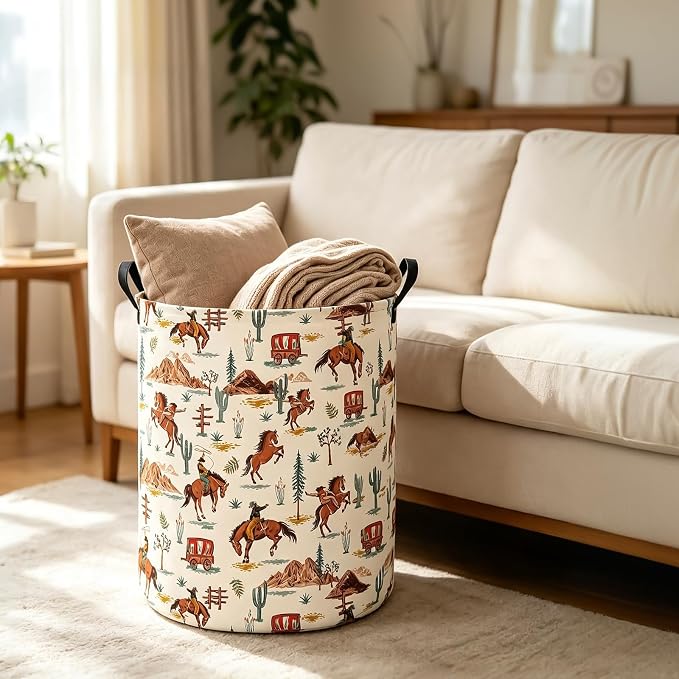 Western Cowboy Fabric Storage Bin,Nursery Organizer Basket | Organizer Bin Dirty Clothes Collapsible Waterproof for College Dorms, Boys and Girls Bedroom,Bathroom