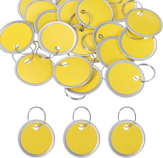 PATIKIL 1.2 Inch Metal Rim Key Tags 25 Pack Blank Round Paper Tags Bulk Writable Keychain Identifiers with Split Rings for Car Door Drawer Key Luggage Pet, Yellow