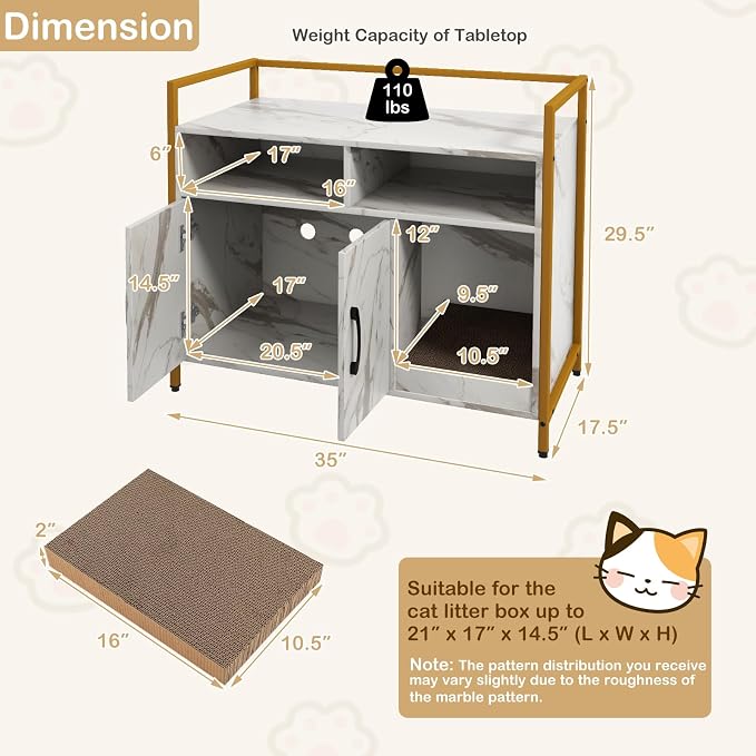 Giantex Cat Litter Box Enclosure - Cat Washroom Hidden Furniture with Front Entry, Scratcher, 2-Door Storage Cabinet, 2 Compartments, Air Vents, Metal Frame, Wooden Pet Crate House (Marble White)