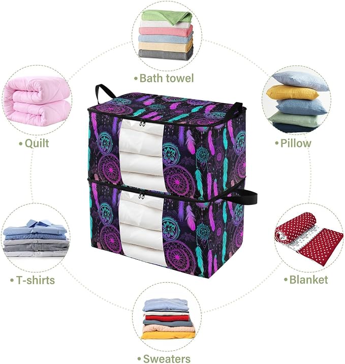 Generic Rainbow Colorful Dream Catcher Clothes Storage Bag Bins 2 Pack Foldable Storage Containers Large Closet Organizer with Zipper Quilt Bag for Bed Sheets Comforters Clothing 60L