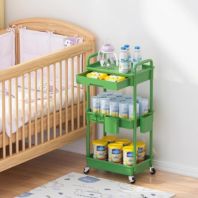 3 Tier Rolling Utility Cart with Drawer, Plastic Storage Organizer Rolling Carts with Wheels Handles Hanging Cups Hooks for Office, Bathroom, Kitchen,Craft Art Room (Green)