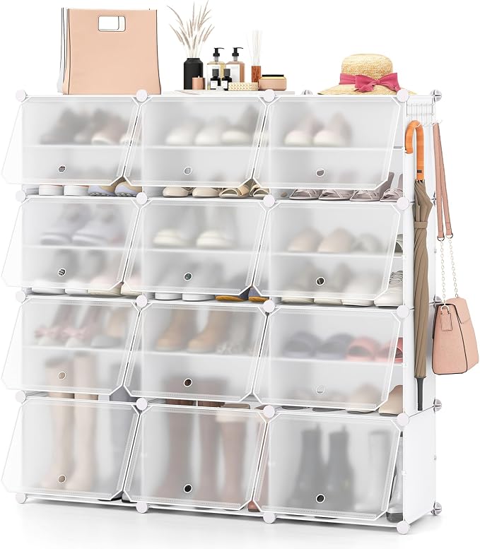GOFLAME Portable Shoe Rack Organizer, 48 Pairs Expandable Modular Shoe Storage Cabinet with Doors, Adjustable Panels, 8-Tier DIY Shoe Shelves for Closet, Hallway, Entryway, Easy Assembly, White