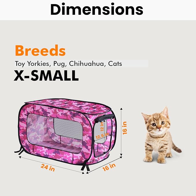 Portable Collapsible Pop Up Kennel, 24" L x 16.6" W x 16" H, Camo Pink | Collapsible indoor/outdoor travel cat and dog crate with mesh screen windows pops up and folds flat for easy storage