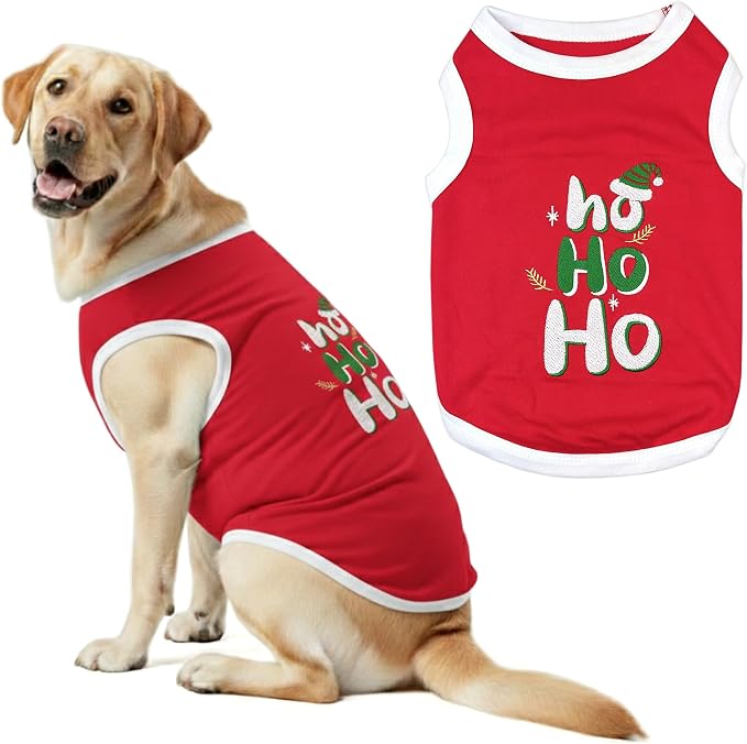Parisian Pet Red Dog Tshirt - Embroidered “ ho Ho Ho “ Dog Christmas Shirt - Lightweight 100% Cotton Shirt - Sleeveless Clothes - Machine Washable Dogs Vest - Shirts for Large Dogs - XL