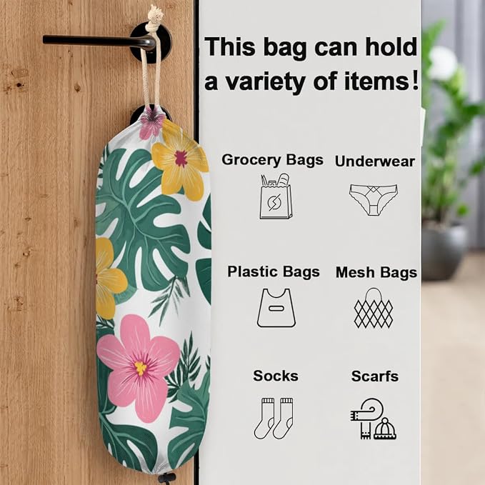 Wild Palm Leaves Plastic Bag Holder Tropical Floral Grocery Bag Storage Dispenser Washable Hanging Shopping Bags Carrier Reusable Wall Mount Trash Bag Organizer for Kitchen Pantry