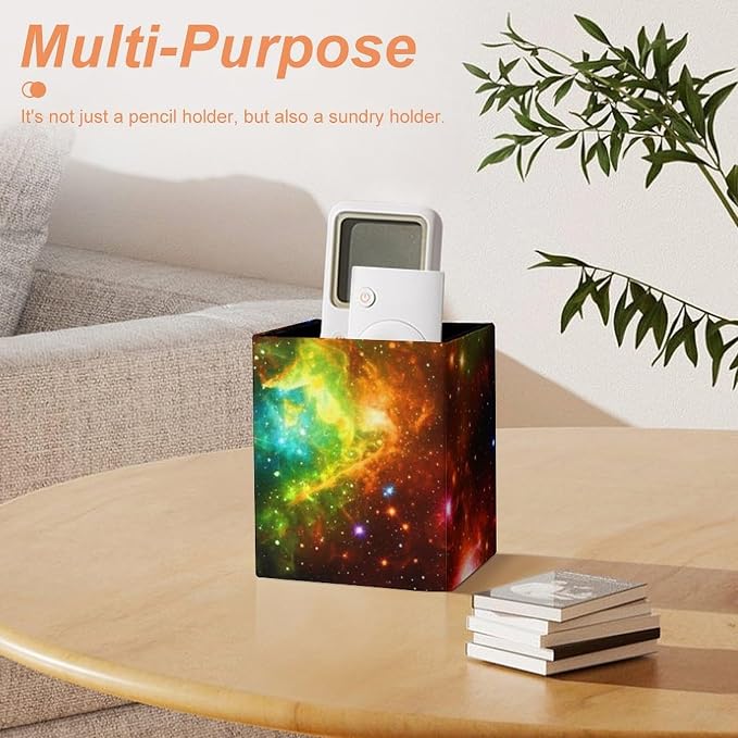 Pen Pencil Holder for Desktop, Pu Leather Stationery Organizer Colorful Rainbow Galaxy Square Pencil Cup Office Accessories Container Box