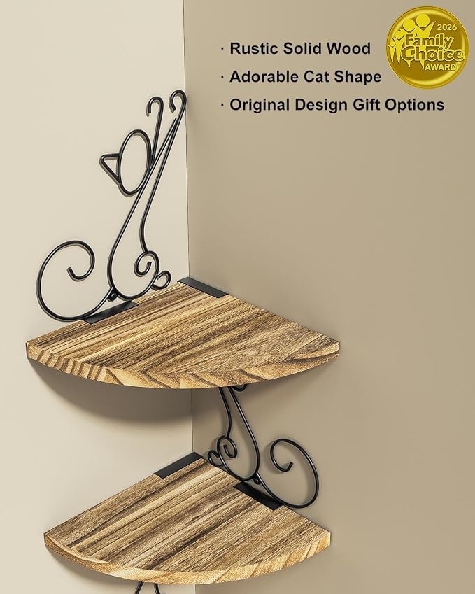 Alsonerbay 4-Tier Cat Shaped Corner Shelf Wall Mount, Carbonized Black | Curved solid wood, 35.2 lbs total capacity, reinforced metal bracket, rustic decor, for bedroom, living room & kitchen