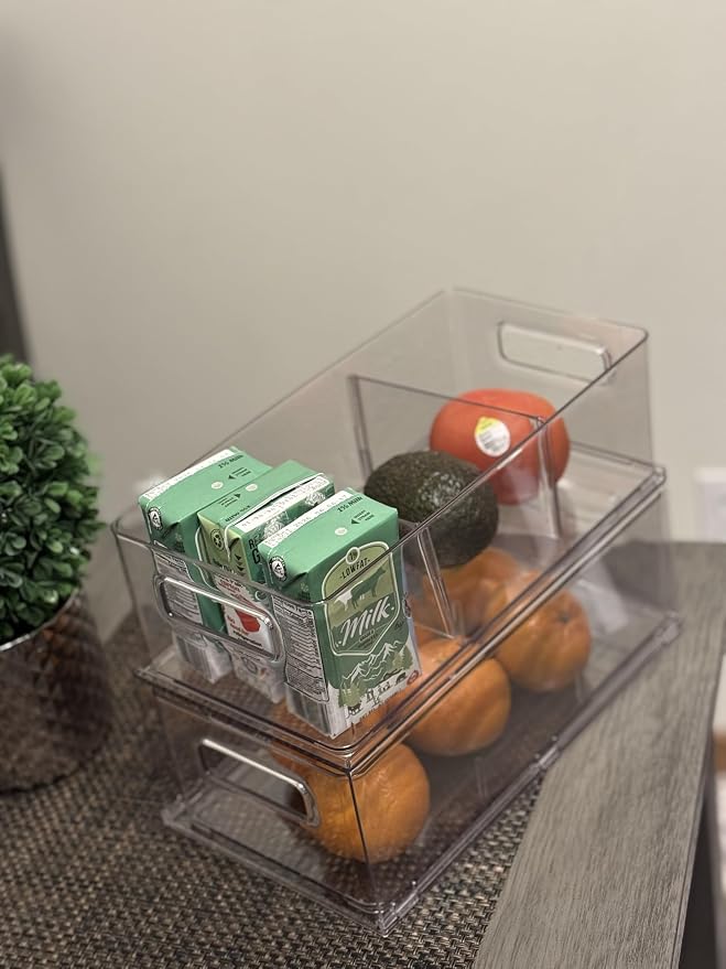 3.7QT Refrigerator Fridge Organizers Storage Bin with Pull-out Drawer,2 Pcs | Plastic Fridge Organizers and Storage with Handle, Stackable Fruit Vegetable Storage Containers for Kitchen Bathroom Pantry