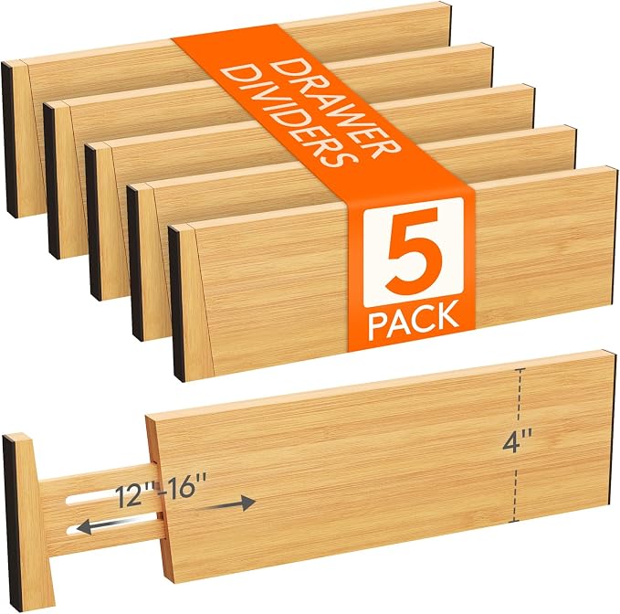 Lifewit 4" High Dresser Drawer Dividers, Adjustable Bamboo Drawer Organizer | 5 Pack 12"-16" Expandable Drawer Separator for Clothes, Utensils, Kitchen, Cabinet, Closet, Nursery Organization & Storage