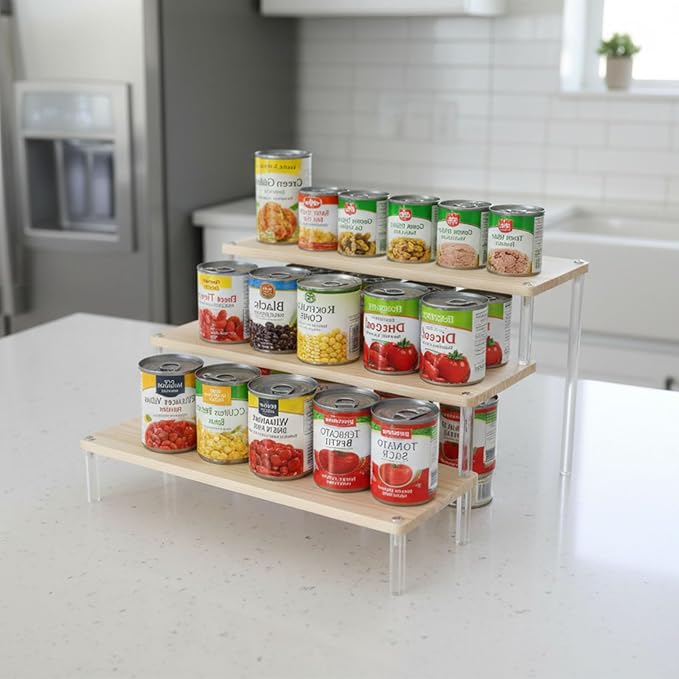 3-Tier Wood and Acrylic Can Organizer for Pantry, Countertop Canned Food Storage Rack, Tiered Display Shelf for Soup, Soda, Pet Food, Kitchen Cabinet