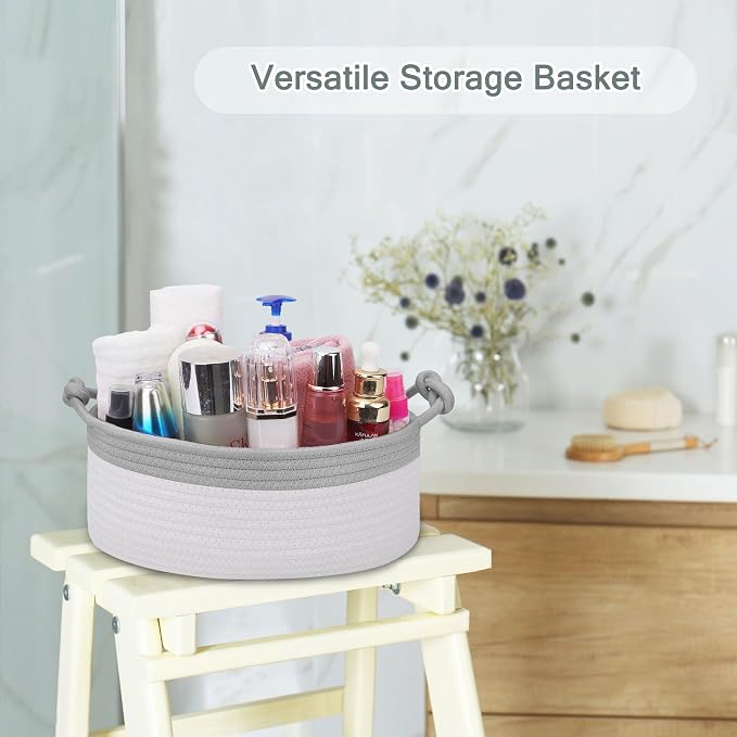 COMSE Small Gift Basket Empty with Bag & Ribbons, Cool Gray & White | Cotton Rope, 12"x 8"x 5", Pet Toy Storage Organizer, Woven Basket for Birthdays, Baby Showers, Mother’s Day, Valentine’s Day