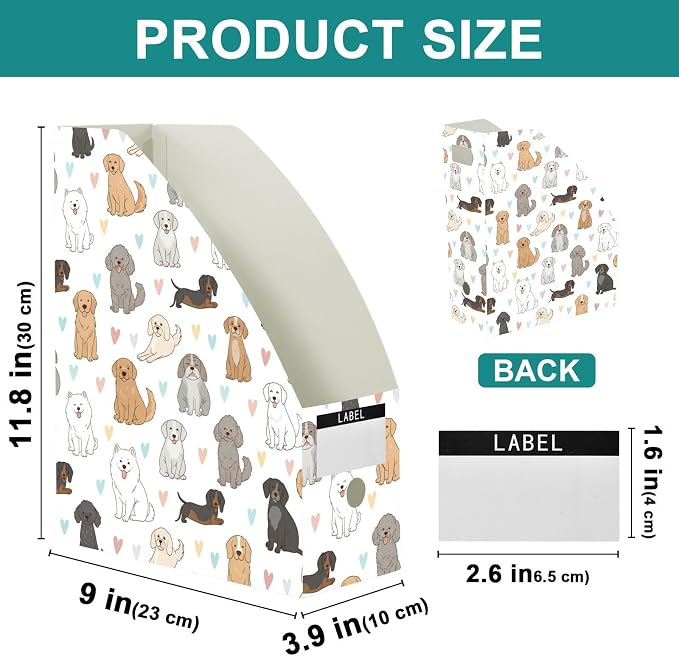 SPRIPORT Cute Pets Dogs Hearts Pattern Water Resistant PP Magazine File Holder Organizer for Desk, Foldable Storage Rack for School Office Library Document Sorter with Labels 23x30x10cm (3 Pack)