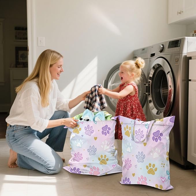 Pets Paw Waterproof Travel Laundry Bag Washable 2-pk | Dirty Clothes Organizer Storage Bag with Handle Zipper for Beach Gym Camping