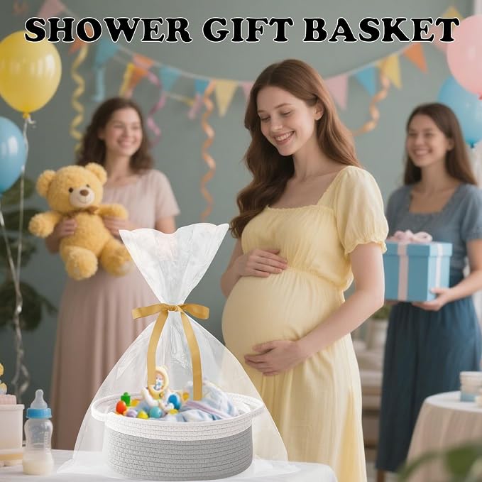 Woven Rope Basket - Baby Gift Basket with Bag & Ribbon, White&Grey | Cotton rope with handle, 12 x 8 x 5 in, gift bag and ribbon, for baby shower, birthday, toy storage, nursery, shelf decor