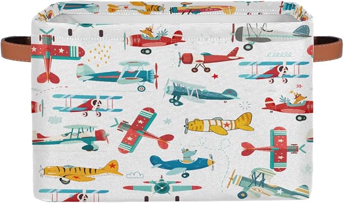 Pardick Storage Baskets Bin, Cute Cartoon Airplane Collapsible Canvas Fabric Storage Bin Decorative Baskets Toy Organizer Rectangle Storage Boxes with handles for Home Shelves Nursery,1Pack,C-05