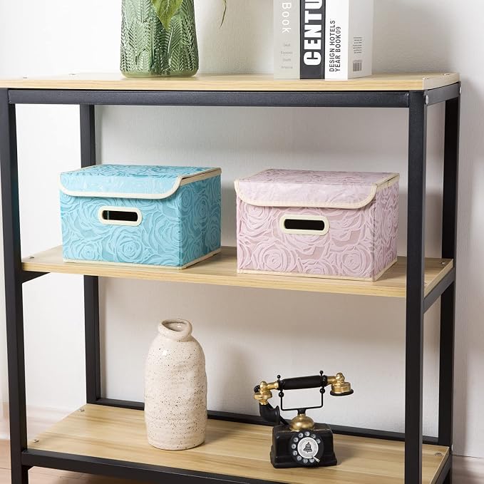 Collapsible Storage Boxes with Lids Fabric Decorative Storage Bins Cubes Organizer Containers Baskets with Cover Handles Divider for Bedroom Closet Living Room 9.8x7.9x6.7 Inch 3 Pack