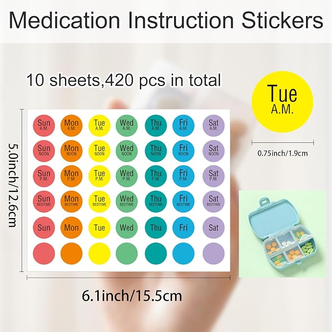 420 Pcs Medicine Reminder Sticker, 3/4 Inch Medication Instruction Labels Morning Noon Evening Bedtime for Pill Case, Week Day Stickers for Pets Dogs Food, with Blank Labels to Write