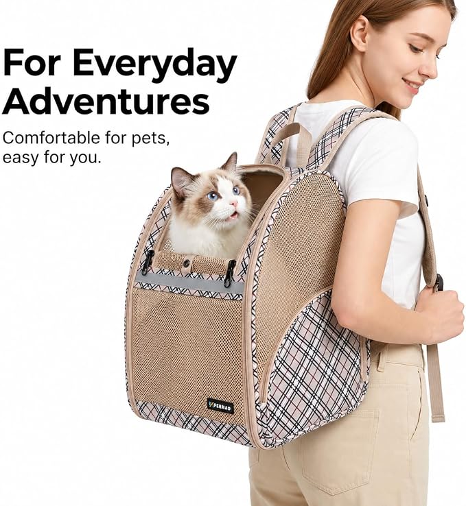 Cat Backpack Carrier for Small Dogs and Medium cat Puppy Kitten Bunny Pet Carrier Backpack Collapsible with Fully Ventilated Mesh with Safety Leash (Khaki, 12.9" L x 10.62" W x 15.5" H - M)